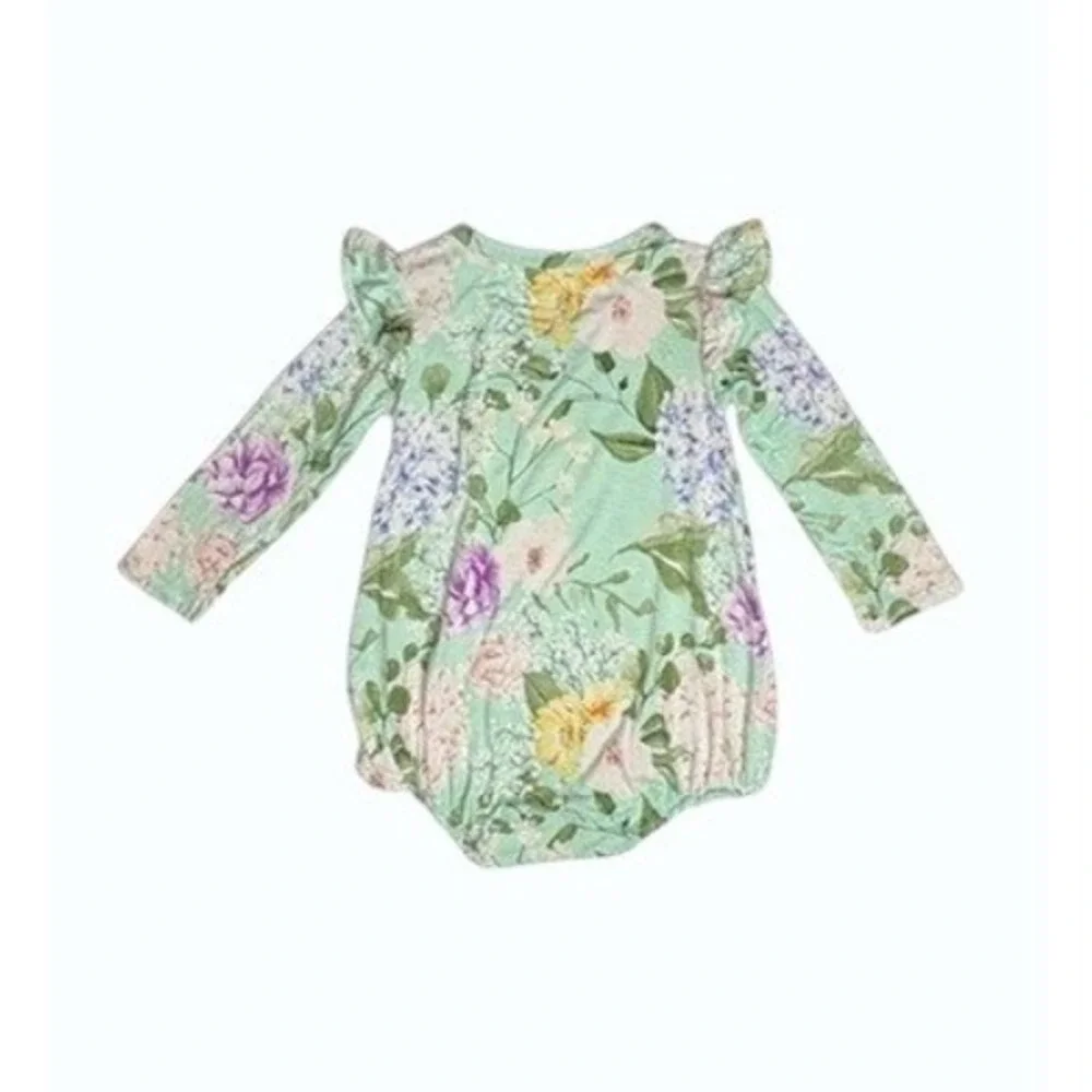 Posh Peanut Bamboo Erin LS Bubble Romper 12-18 Month Lt. Green Floral Gardencore